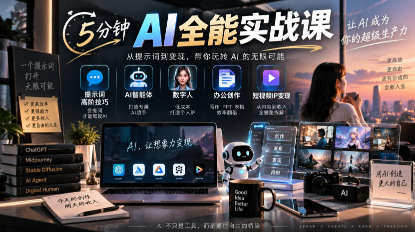 5分钟AI全能实战课｜提示词高阶技巧+AI智能体+数字人+办公创作+短视频IP变现全教程-91副业网