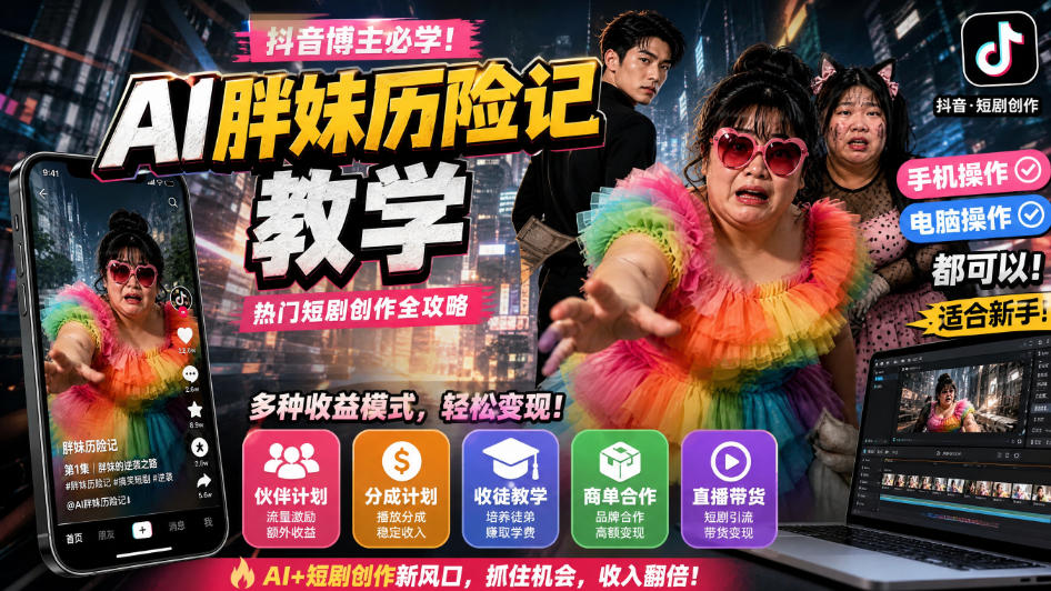 抖音博主的AI胖妹历险记教学,伙伴计划+分成计划+收徒+商单等多种收益,适合新手,手机电脑都可以操作-91副业网