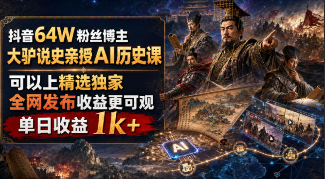 抖音64W粉丝博主大驴说史亲授AI历史课,可以上精选独家,全网发布收益更可观,单日收益1k+(更新)-91副业网