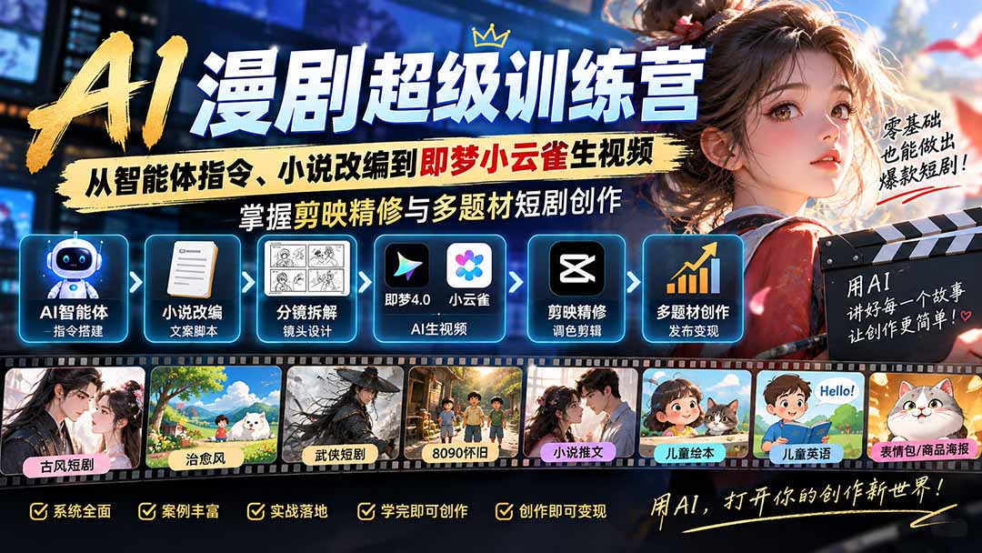 AI漫剧超级特训营：从智能体指令、小说改编到即梦小云雀生视频，掌握剪映精修与多题材短剧创作-91副业网