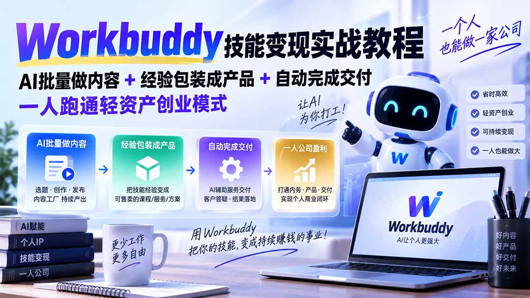 Workbuddy技能变现实战教程：AI批量做内容+经验包装成产品+自动完成交付，一人跑通轻资产创业模式-91副业网