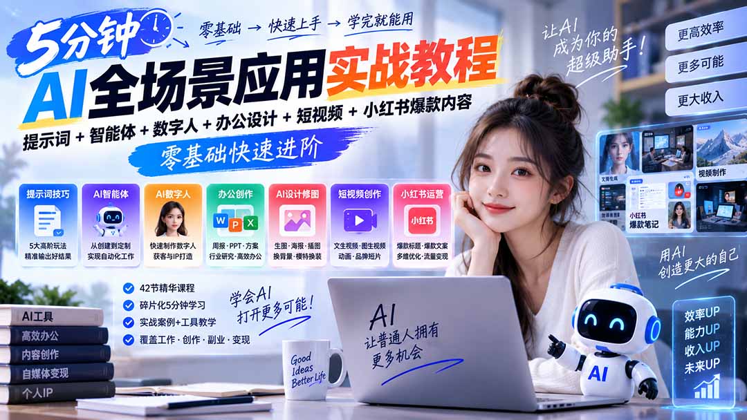 AI全场景应用实战教程｜提示词+智能体+数字人+办公设计+短视频+小红书爆款内容，零基础快速进阶-91副业网