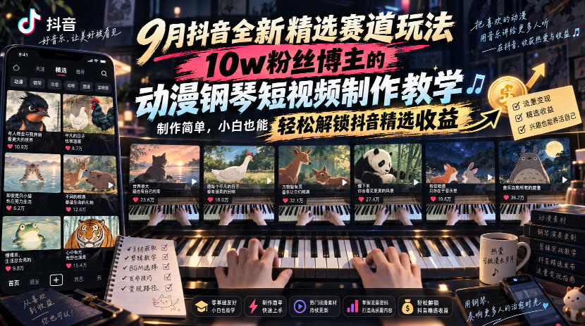 9月抖音全新精选赛道玩法,10w粉丝博主的动漫钢琴短视频制作教学,制作简单,小白也能轻松解锁抖音精选收益-91副业网