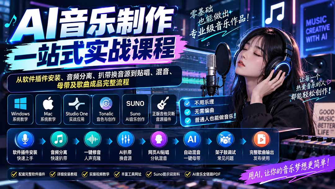 AI音乐制作一站式实战课程：从软件插件安装、音频分离、扒带换音源到贴唱、混音、母带及歌曲成品完整流程-91副业网