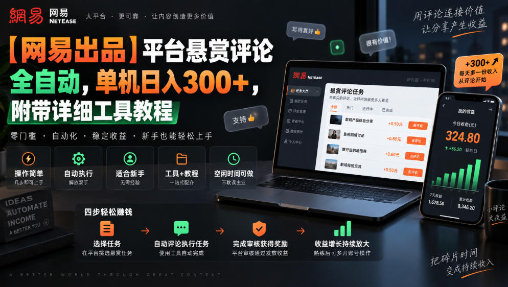 【网易出品】平台悬赏评论全自动，单机日入300+，附带详细工具教程【揭秘】-91副业网