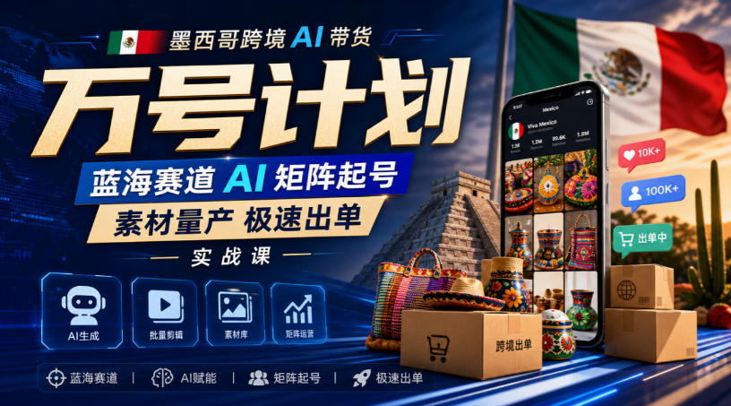 墨西哥跨境AI带货万号计划，蓝海赛道AI矩阵起号，素材量产极速出单实战课-91副业网