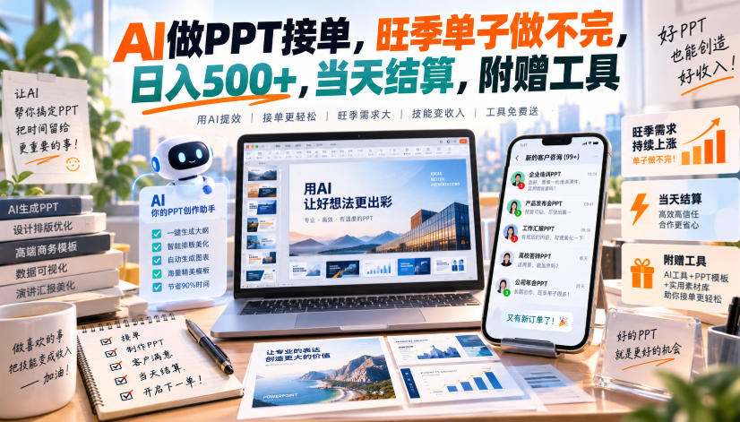 AI做PPT接单，旺季单子做不完，日入500+，当天结算，附赠工具【揭秘】-91副业网
