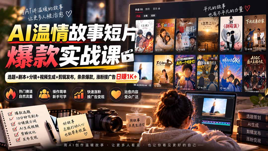 AI温情故事短片爆款实战课-更新｜选题+剧本+分镜+视频生成+剪辑发布，条条爆款，涨粉接广告日赚1K+-91副业网