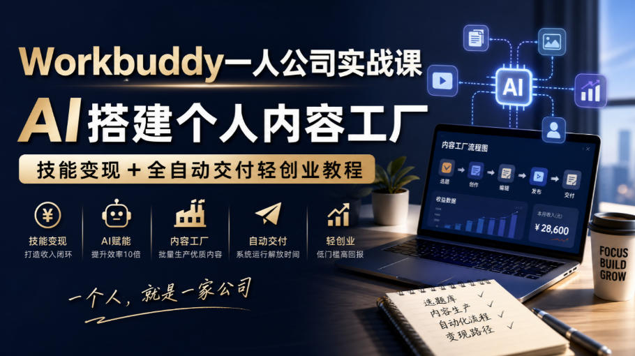 Workbuddy一人公司实战课，AI搭建个人内容工厂，技能变现+全自动交付轻创业教程​-91副业网