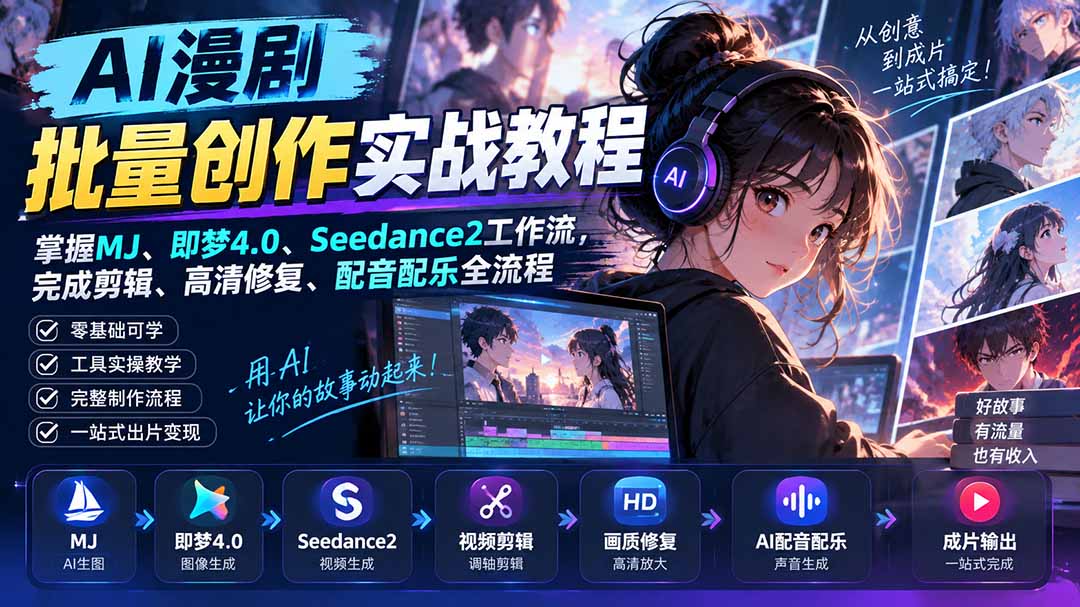 AI漫剧批量创作实战教程：掌握MJ、即梦4.0、Seedance2工作流，完成剪辑、高清修复、配音配乐全流程-91副业网