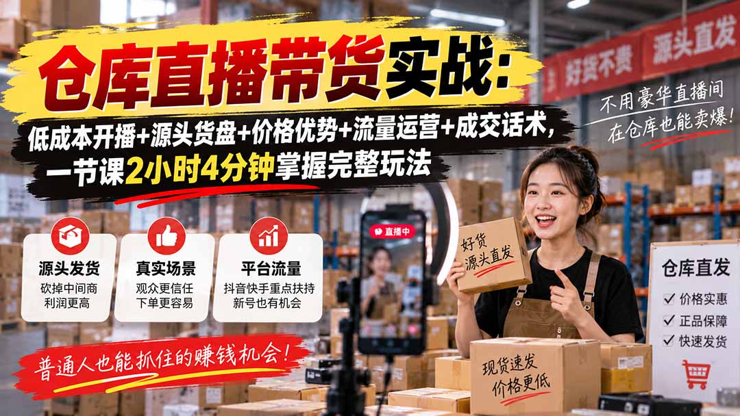 仓库直播带货实战:低成本开播+源头货盘+价格优势+流量运营+成交话术,一节课2小时4分钟掌握完整玩法-91副业网
