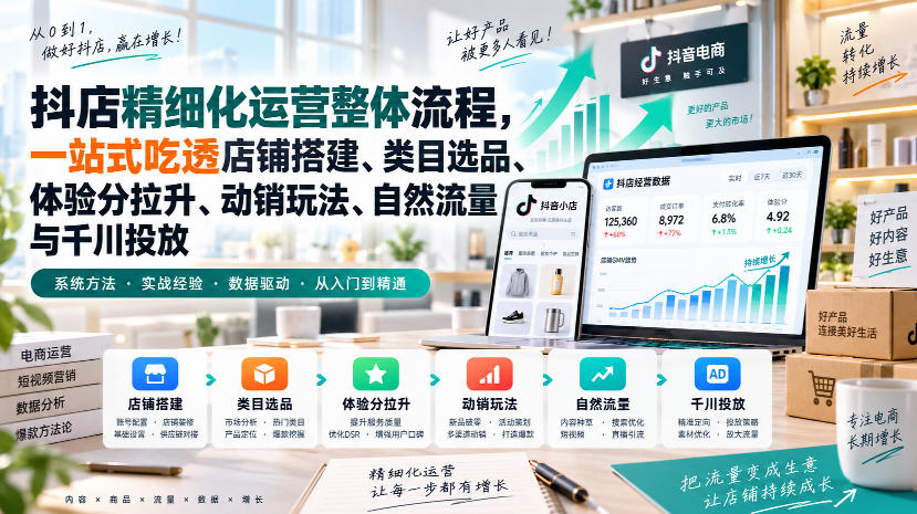 李哥电商-抖店精细化运营整体流程，一站式吃透店铺搭建、类目选品、体验分拉升、动销玩法、自然流量与千川投放-91副业网