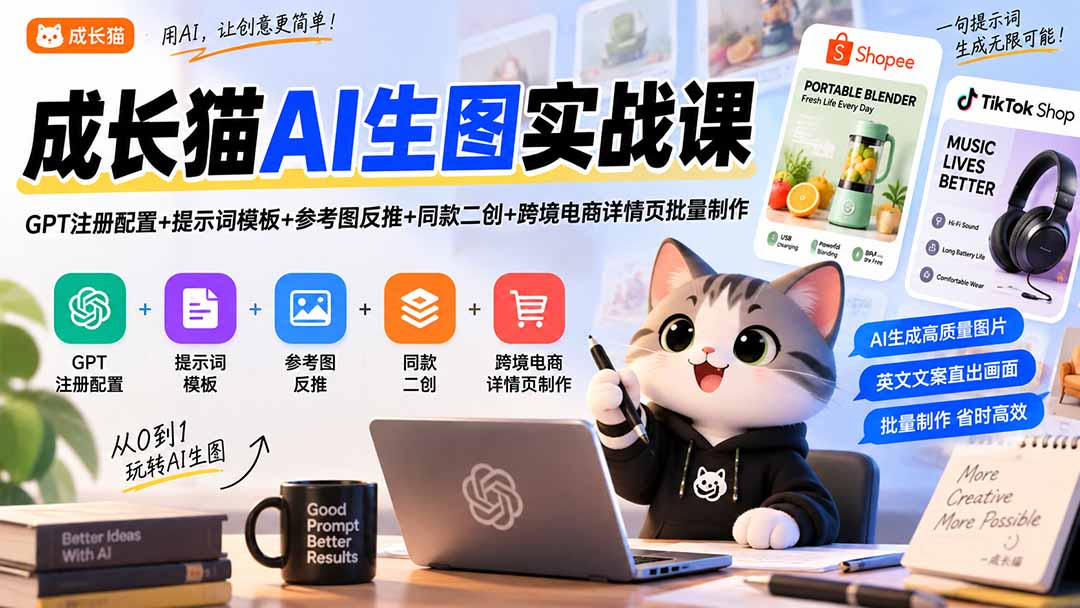 成长猫AI生图实战课|GPT注册配置+提示词模板+参考图反推+同款二创+跨境电商详情页批量制作-91副业网