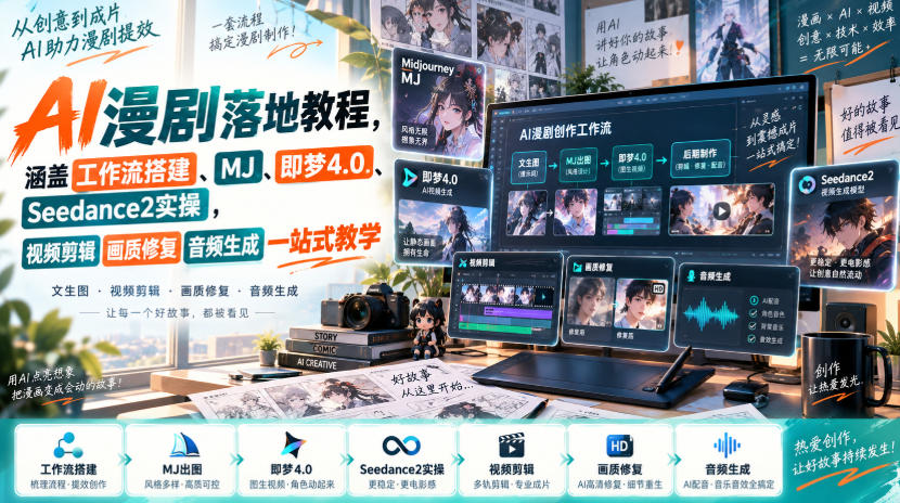 AI漫剧落地教程，涵盖工作流搭建、MJ、即梦4.0、Seedance2实操，视频剪辑画质修复音频生成一站式教学-91副业网
