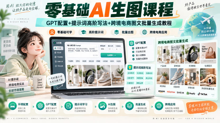 零基础AI生图课程,GPT配置+提示词高阶写法+跨境电商图文批量生成教程-91副业网