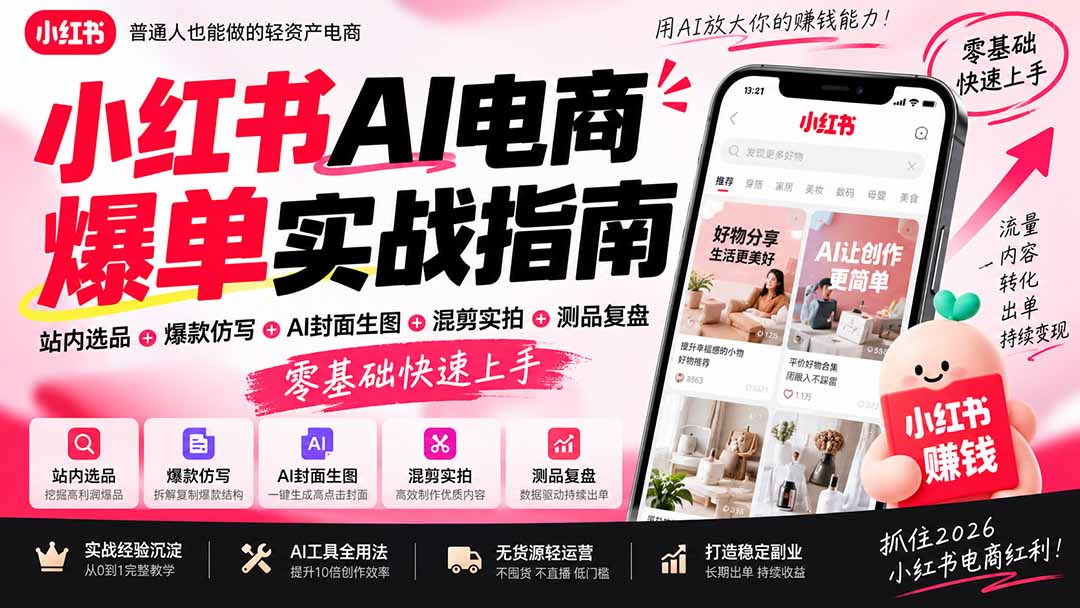 2026小红书AI电商爆单实战指南：站内选品+爆款仿写+AI封面生图+混剪实拍+测品复盘，零基础快速上手-91副业网