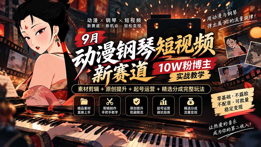 9月动漫钢琴短视频新赛道｜10W粉博主实战教学，素材剪辑+原创提升+起号运营+精选分成完整玩法-91副业网