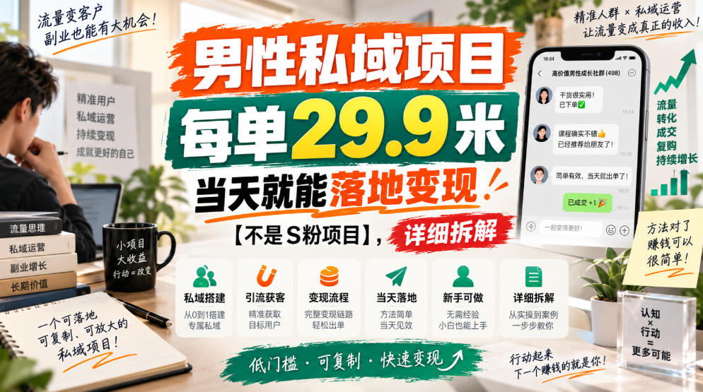 男性私域项目，每单29.9米，当天就能落地变现【不是S粉项目】，详细拆解-91副业网