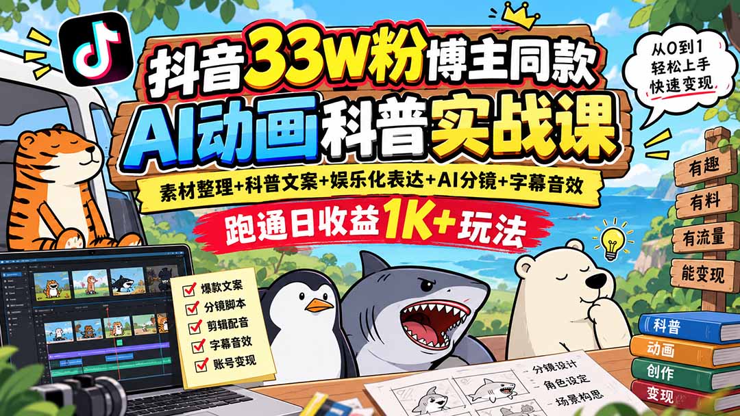 抖音33W粉博主同款AI动画科普实战课｜素材整理+科普文案+娱乐化表达+AI分镜+字幕音效，跑通日收益1K+玩法-91副业网