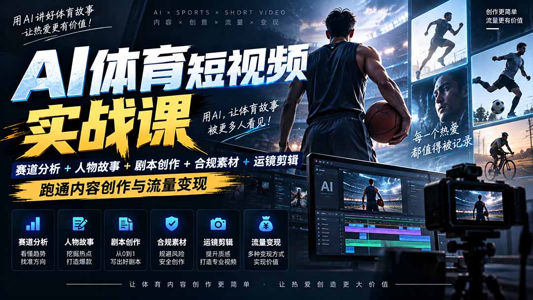 AI体育短视频赛道顶级玩法|赛道分析+人物故事+剧本创作+版权处理+运镜剪辑,跑通流量变现-日赚1K+-91副业网