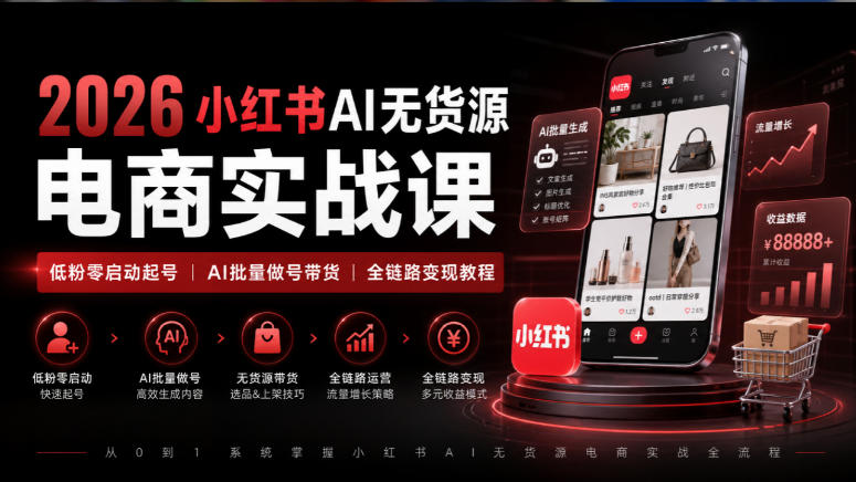 2026小红书AI无货源电商实战课｜低粉零启动起号｜AI批量做号带货全链路变现教程-91副业网