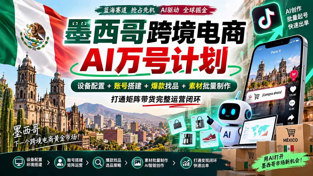 墨西哥AI跨境电商万号计划｜设备配置+账号搭建+爆款找品+素材批量制作，打通矩阵带货完整运营闭环-91副业网