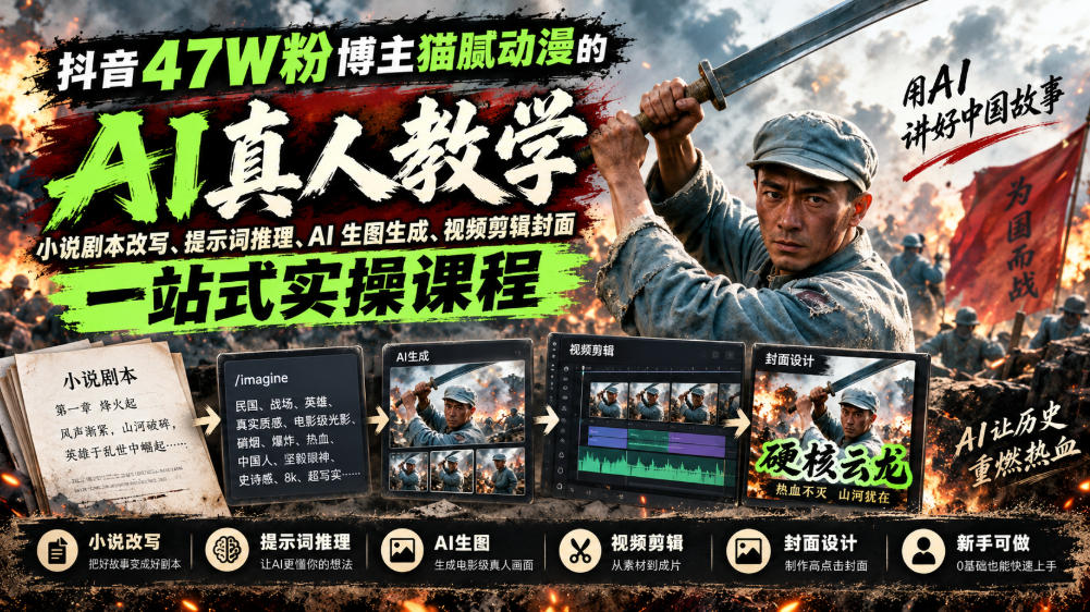 抖音47W粉博主猫腻动漫的AI真人漫剧教学，小说剧本改写、提示词推理、AI生图生成、视频剪辑封面一站式实操课程-91副业网