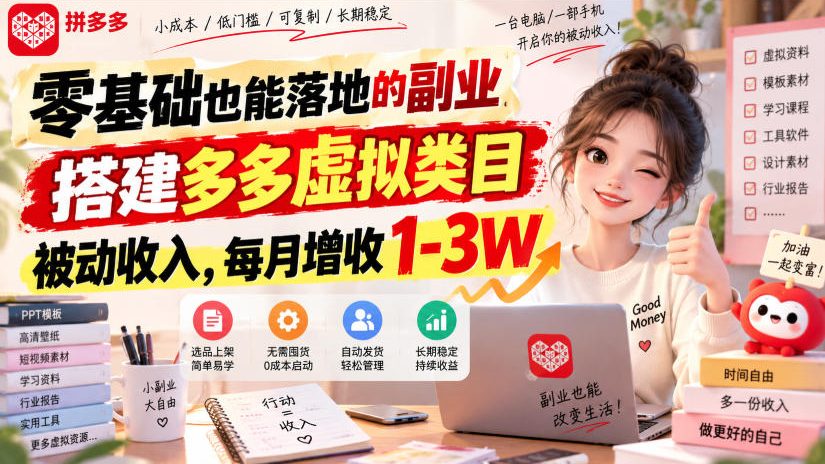 零基础也能落地的副业，搭建多多虚拟类目被动收入，每月增收1-3W【揭秘】-91副业网