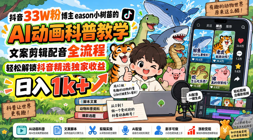 抖音33W粉博主eason小树苗的AI动画科普教学，文案剪辑配音全流程，轻松解锁抖音精选独家收益，日入1k+-91副业网