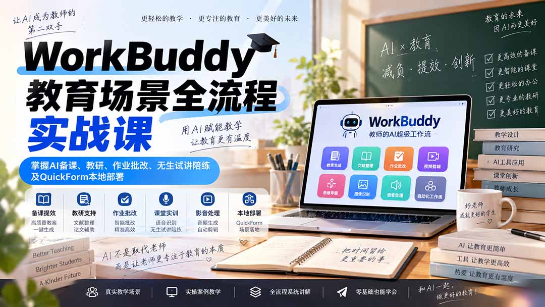 WorkBuddy教育场景全流程实战课：掌握AI备课、教研、作业批改、无生试讲陪练及QuickForm本地部署-91副业网