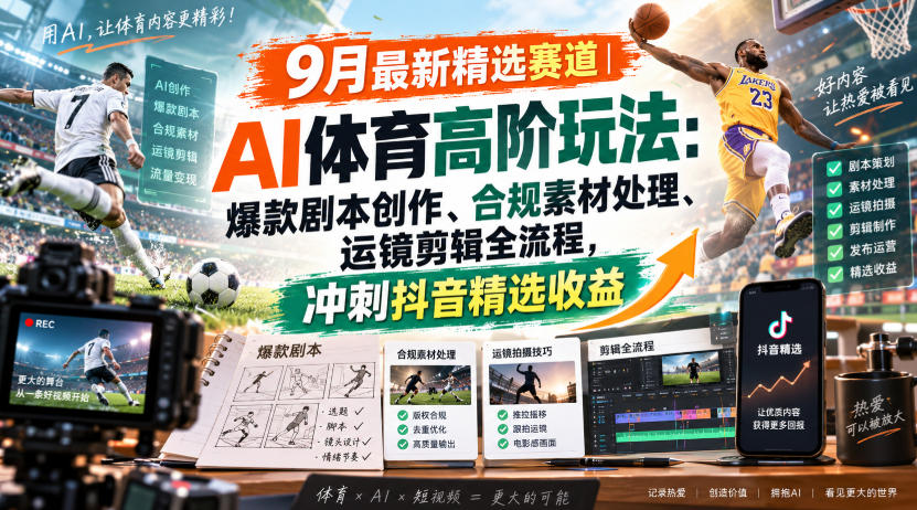 某大佬的9月最新精选赛道之AI体育顶级玩法，爆款剧本创作、版权规避、运镜剪辑全流程，稳拿抖音精选收益-91副业网