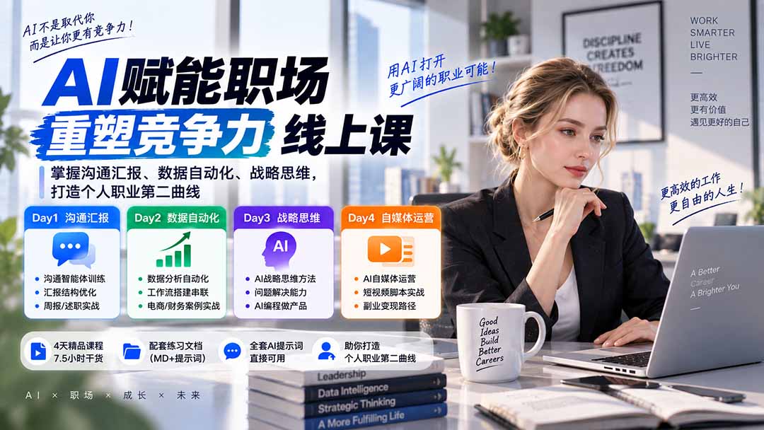 AI职场提效与第二曲线实战课-无水印:学习沟通汇报、数据工作流和战略思维,掌握AI编程做产品及自媒体运营方法-91副业网