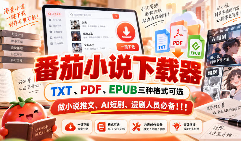 番茄小说下载器,TXT、PDF、EPUB三种格式可选,做小说推文、AI短剧、漫剧人员必备!!!-91副业网