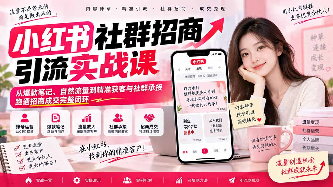 小红书社群招商引流实战课-无水印:从爆款笔记、自然流量到精准获客与社群承接,跑通招商成交完整闭环-91副业网