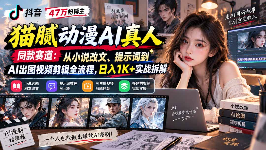 抖音47万粉博主猫腻动漫AI真人同款赛道：从小说改文、提示词到AI出图视频剪辑全流程，日入1K+实战拆解-91副业网