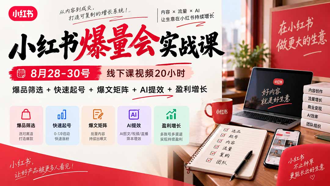 小红书爆量会实战课-更新9月17：线下课视频20小时，爆品筛选+快速起号+爆文矩阵+AI提效+盈利增长-91副业网