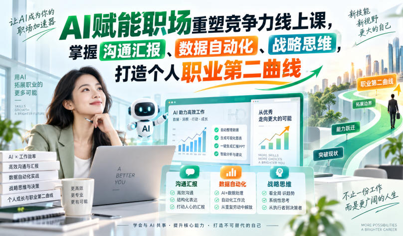 AI赋能职场重塑竞争力线上课,掌握沟通汇报、数据自动化、战略思维,打造个人职业第二曲线-91副业网