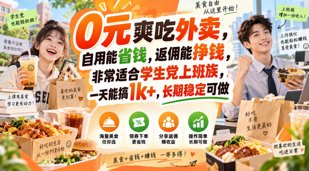0元爽吃外卖，自用能省钱，返佣能挣钱，非常适合学生党上班族，一天能搞1k+，长期稳定可做-91副业网