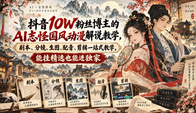 抖音10W粉丝博主满堂诡事的AI志怪国风动漫解说教学,剧本、分镜、生图、配音、剪辑一站式教学,能挂精选也能进独家-91副业网