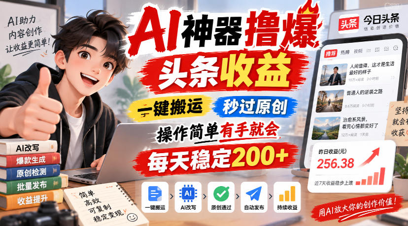 AI神器撸爆头条收益,一键搬运,秒过原创,操作简单有手就会,每天稳定200+【揭秘】-91副业网