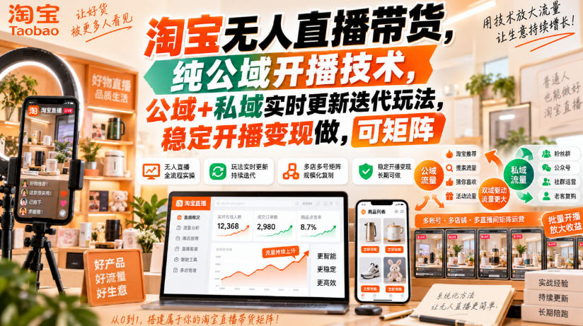 淘宝无人直播带货,纯公域开播技术,公域+私域实时更新迭代玩法,稳定开播变现做,可矩阵【揭秘】-91副业网
