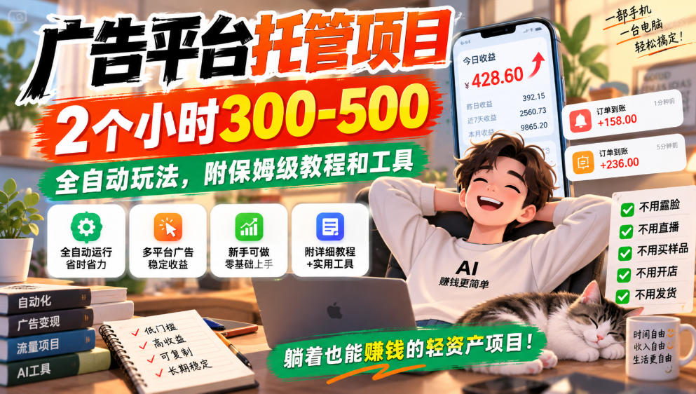 广告平台托管项目，2个小时300-500，全自动玩法，附保姆级教程和工具，小白照着就能做【揭秘】-91副业网