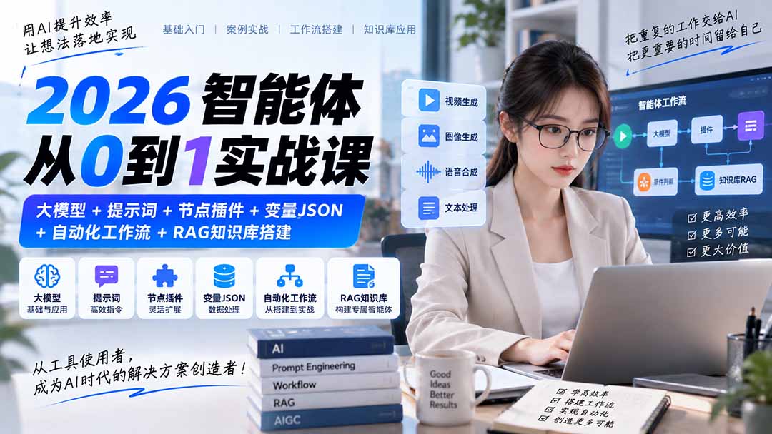 2026智能体从0到1实战课|大模型+提示词+节点插件+变量JSON+自动化工作流+RAG知识库搭建-91副业网