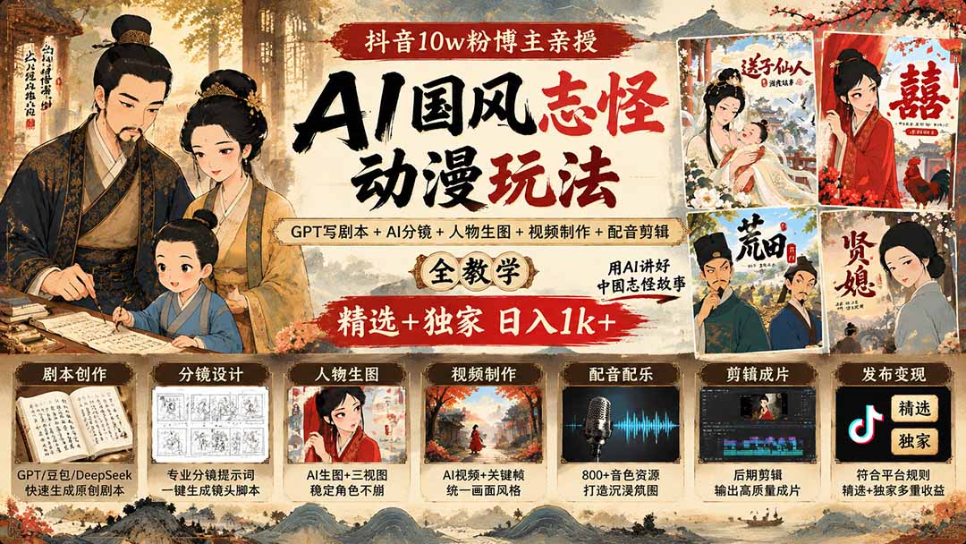 抖音10w粉博主亲授AI国风志怪动漫玩法｜GPT写剧本+AI分镜+人物生图+视频制作+配音剪辑全教学｜精选+独家日入1k+-91副业网