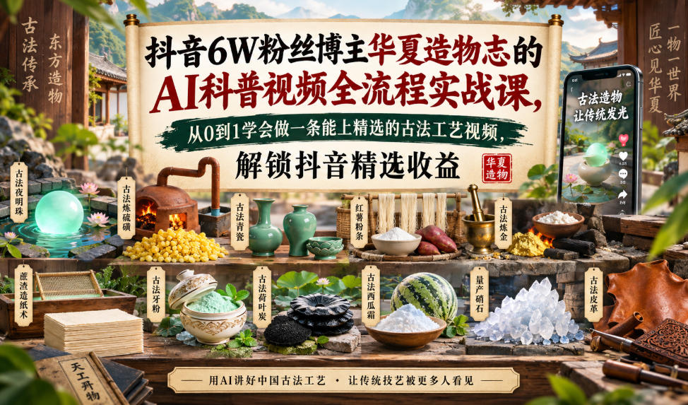 抖音6W粉丝博主华夏造物志的AI科普视频全流程实战课，从0到1学会做一条能上精选的古法工艺视频，解锁抖音精选收益-91副业网