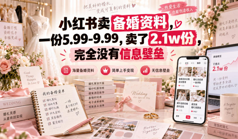 小红书卖备婚资料，一份5.99-9.99，卖了2.1w份，完全没有信息壁垒-91副业网