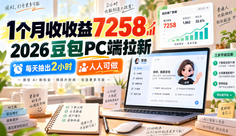 1个月收收益7258，2026豆包PC端拉新，每天抽出2小时，人人可做-91副业网