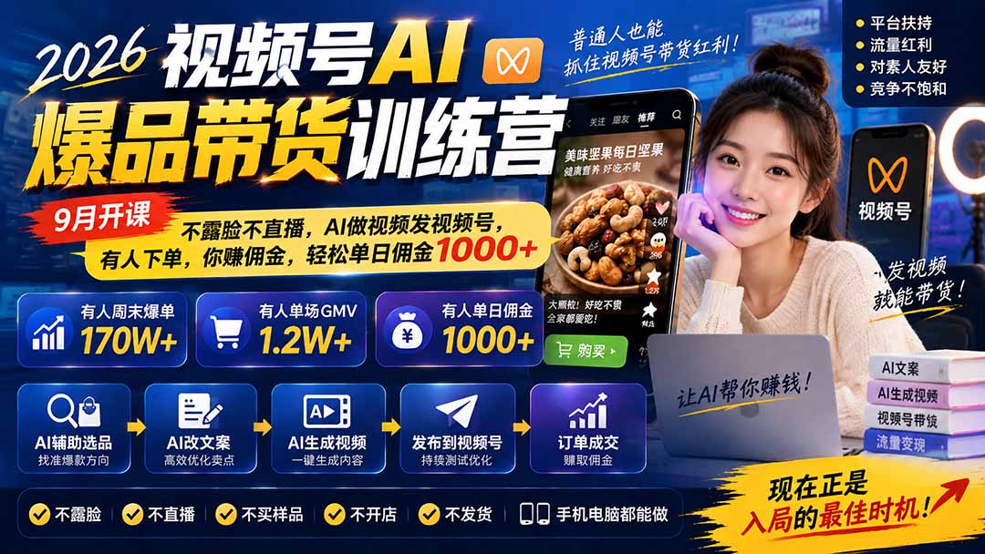 2026视频号AI爆品带货训练营-9月开课｜不露脸不直播，AI做视频发视频号，有人下单，你赚佣金，轻松单日佣金1000+-91副业网