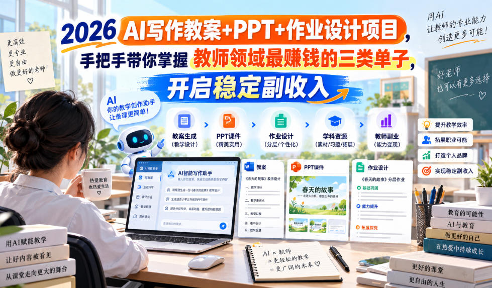 2026 AI写作教案+PPT+作业设计项目，手把手带你掌握教师领域最賺钱的三类单子，开启稳定副收入-91副业网