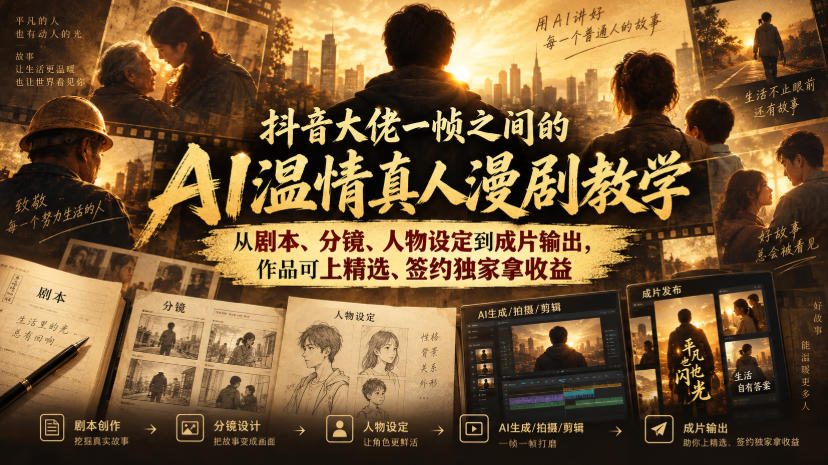 抖音大佬一帧之间的AI温情真人漫剧教学,从剧本、分镜、人物设定到成片输出,作品可上精选、签约独家拿收益-91副业网